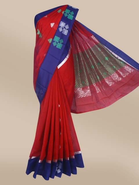 

The Chennai Silks Maroon & Blue Ethnic Motifs Zari Silk Cotton Maheshwari Saree