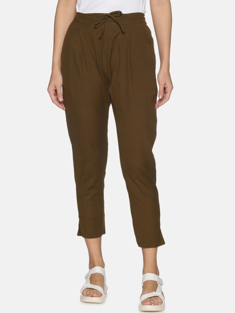 

Palakh Women Brown Solid Relaxed Fit Cotton Crop Trousers