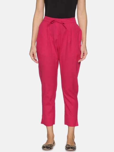 

Palakh Women Pink Cotton Relaxed Slim Fit Pleated Trousers