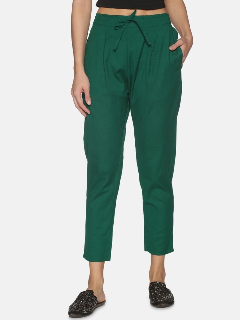 

Palakh Women Green Cotton Relaxed Slim Fit Pleated Trousers