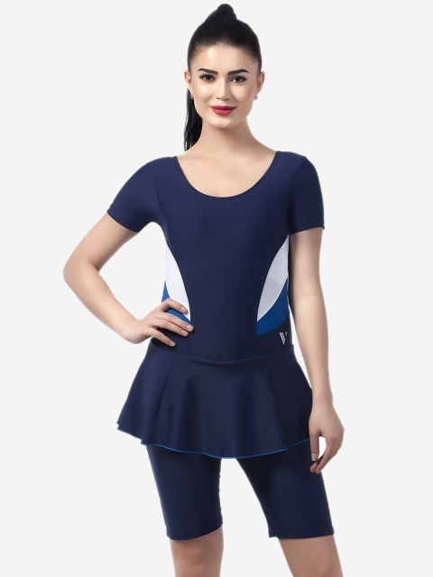

VELOZ Women Blue Solid Padded Swimming Dress With Attached Shorts