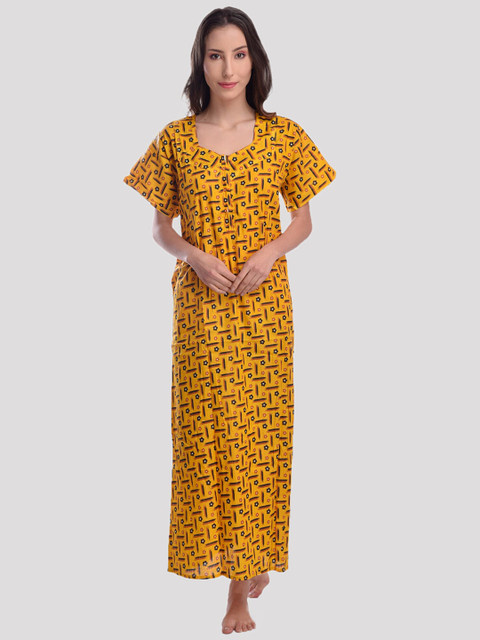 

CIERGE Yellow Printed Maxi Nightdress