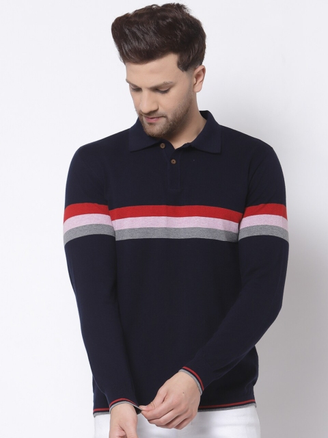 

Kalt Men Navy Blue Striped Polo Collar T-shirt