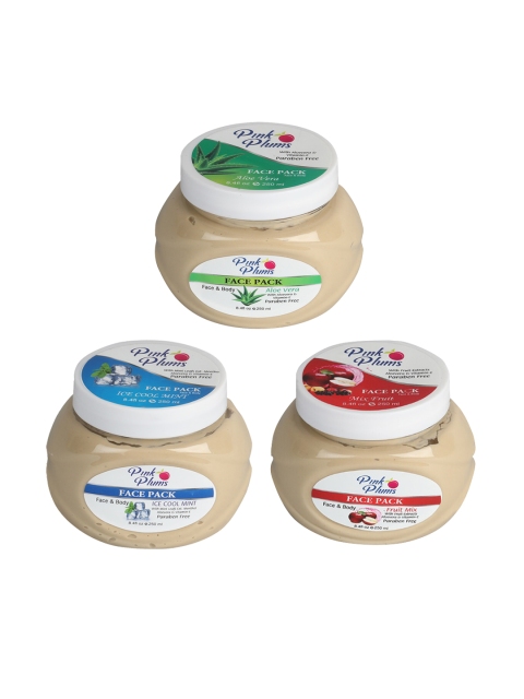 

Pink Plums Set of 3 Aloevera, Fruit Mix, Ice Cool Mint Face Pack- 250ml Each, Multi