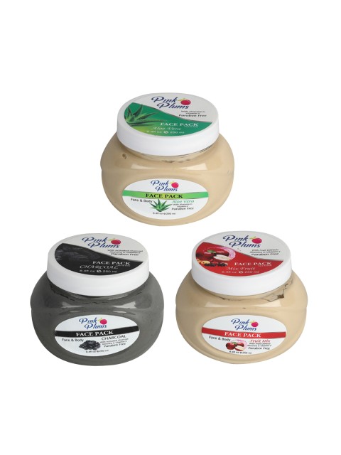 

Pink Plums Pack of 3 Paraben Free Aloe Vera, Charcoal & Fruit Mix Facial Kit - 250 Ml Each, Multi