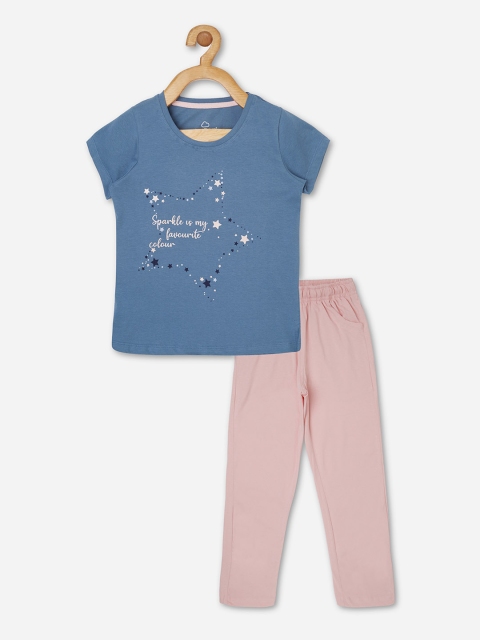 

Sweet Dreams Girls Blue & Pink Typography Printed Night Suit