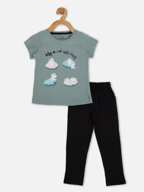 

Sweet Dreams Girls Green & Black Printed Night suit