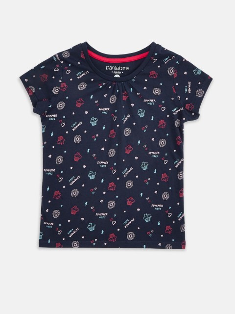 

Pantaloons Junior Girls Navy Blue Printed Pure Cotton T-shirt