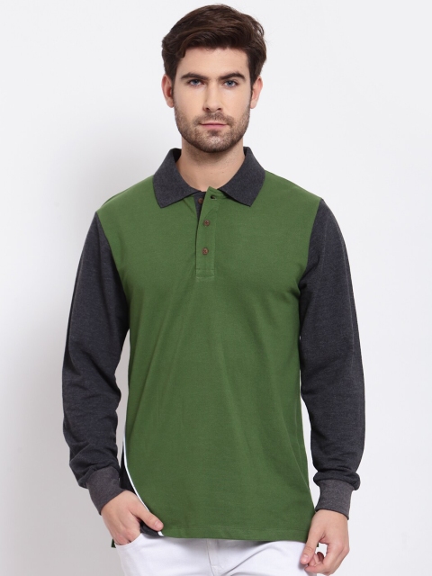 

Kalt Men Green & Navy Blue Colourblocked Polo Collar T-shirt