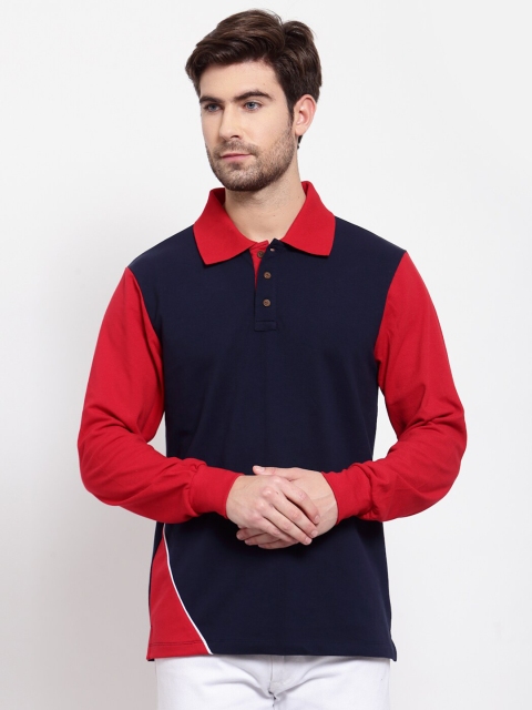 

Kalt Men Navy Blue Colourblocked Polo Collar T-shirt