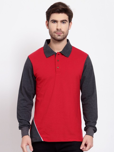 

Kalt Men Red & Charcoal Grey Colourblocked Polo Collar T-shirt