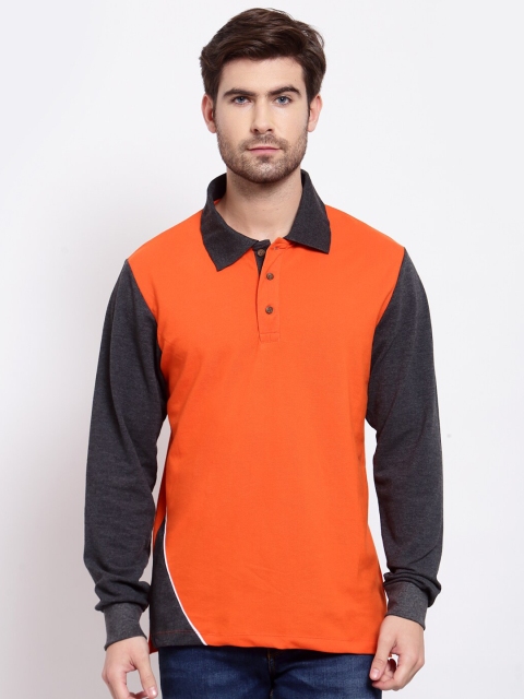 

Kalt Men Orange & Charcoal Colourblocked Polo Collar T-shirt