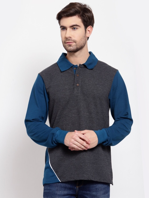 

Kalt Men Grey & Blue Colourblocked Polo Collar Pockets T-shirt
