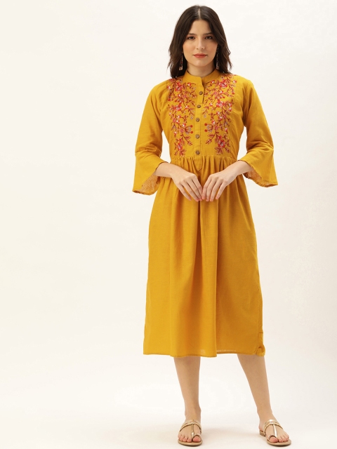 

Touch Trends Gold-Toned Mandarin Collar Embroidered Bohemian Tunic