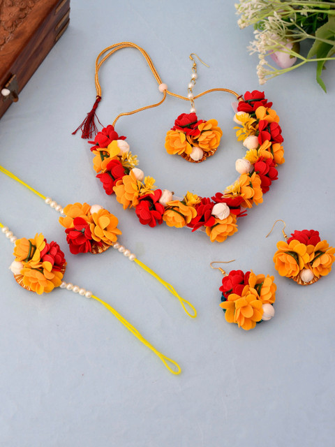 

Silvermerc Designs Rhodium-Plated & White Beaded Mehndi Haldi Flower Jewellery Set, Yellow