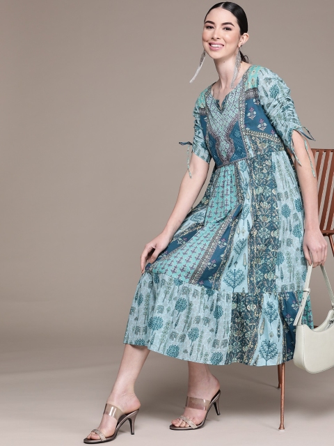 

aarke Ritu Kumar Women Blue & Purple Ethnic Motifs Printed A-Line Midi Dress