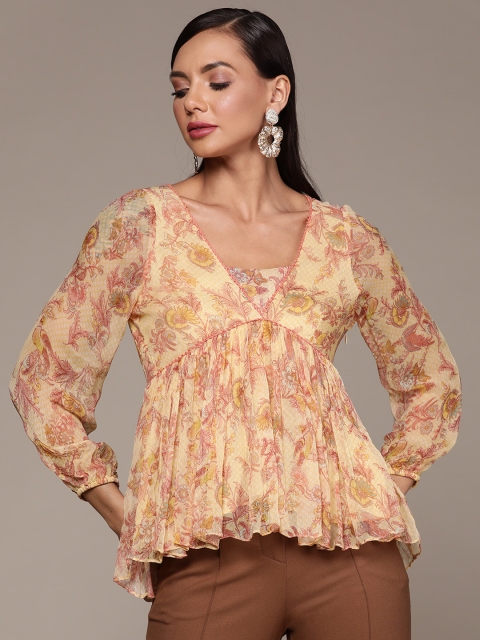 

aarke Ritu Kumar Women Yellow & Peach-Coloured Floral Print Chiffon Top