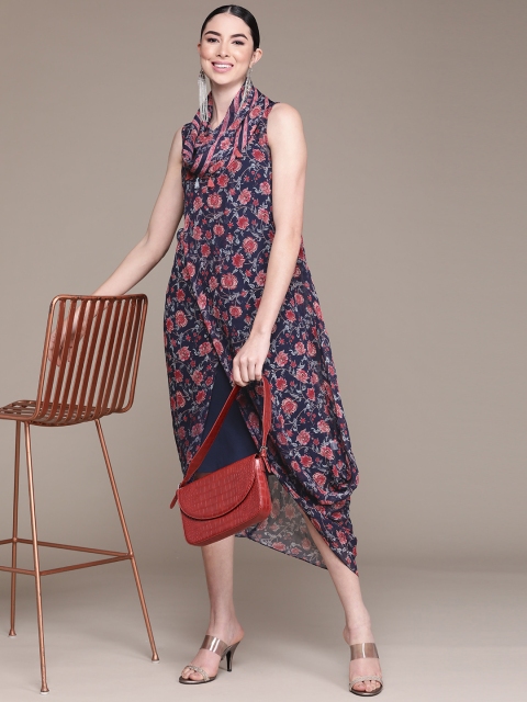 

aarke Ritu Kumar Women Navy Blue & Red Floral Printed Georgette Ethnic Midi Dress