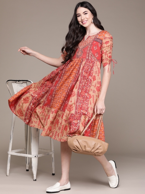 

aarke Ritu Kumar Women Rust Orange & Beige Abstract Printed A-Line Midi Dress