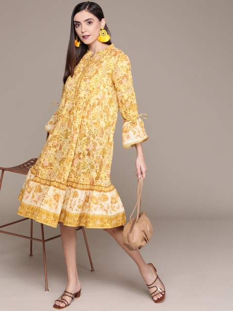 

aarke Ritu Kumar Women Mustard Yellow & Off White Floral Printed A-Line Dress