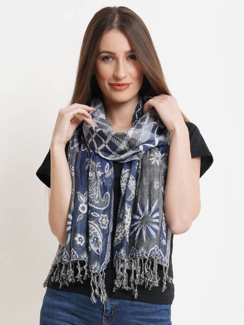 

Purple State Women Grey & Blue Woven Design Stole with Tasselled Border