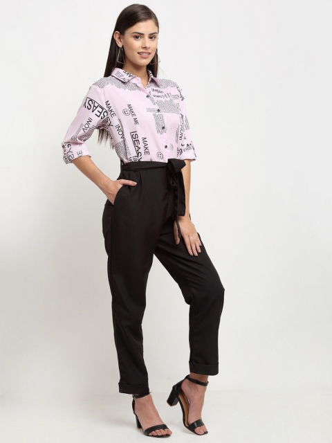 

emeros Pink & Black Printed Shirt-Style Belted Jumpsuit
