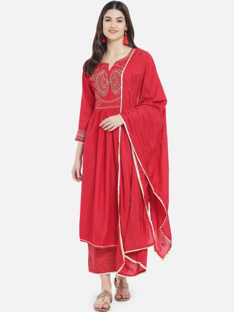 

Kiana Women Red Ethnic Motifs Embroidered Empire Pure Silk Kurta with Trousers & Dupatta