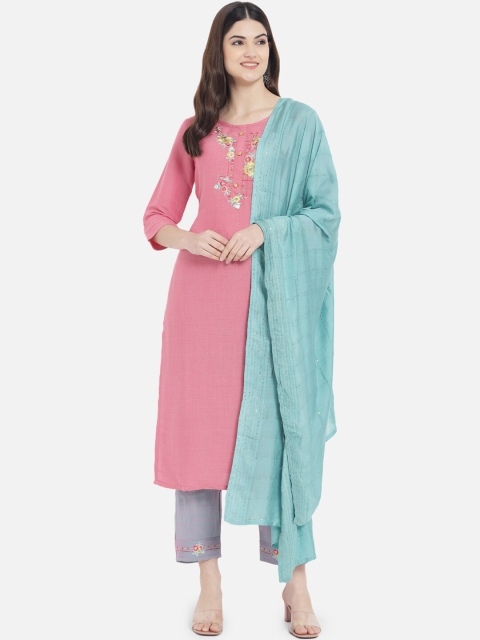

Kiana Women Pink Ethnic Motifs Embroidered Panelled Kurta with Trouser & Dupatta