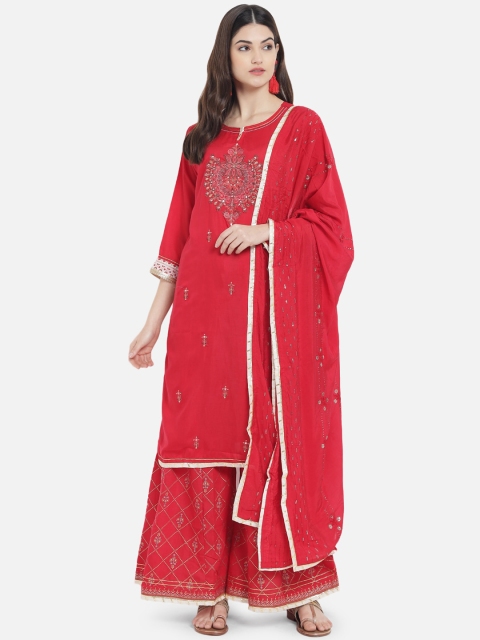 

Kiana Women Red Floral Embroidered Pure Silk Kurta with Palazzos & With Dupatta