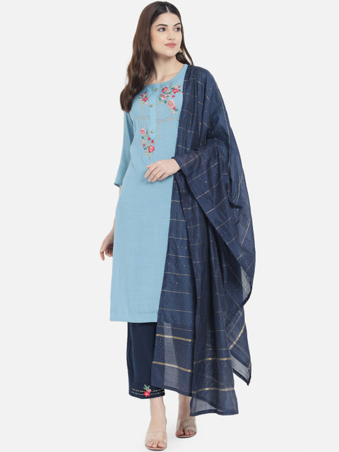 

Kiana Women Blue Yoke Design High Slit Kurta with Trousers & Dupatta