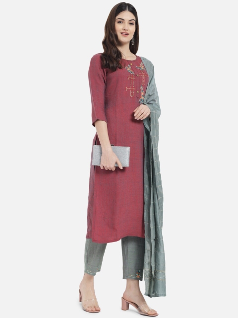 

Kiana Women Burgundy Floral Embroidered Kurta & Trousers With Dupatta