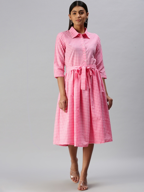 

STALK Pink & White Pure Cotton Checked Shirt Dress