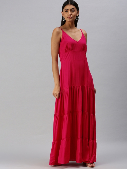 

STALK Fuchsia Solid Tiered Maxi Fit & Flare Dress