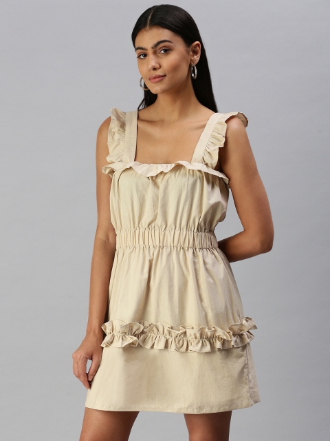 

STALK Beige Solid Pure Cotton Ruffles A-Line Dress