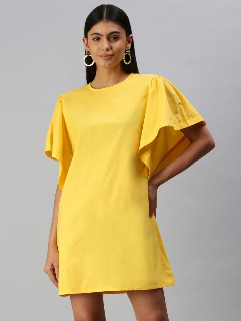 

STALK Yellow Pure Cotton Solid Flared Sleeves A-Line Dress