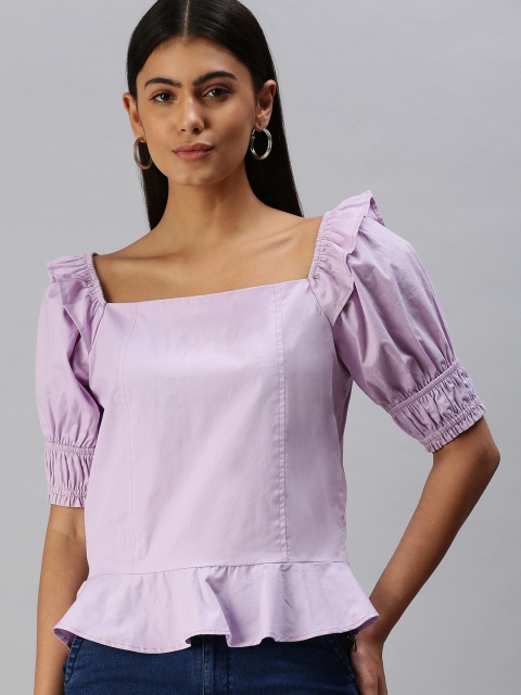 

STALK Mauve Solid Puff Sleeves Peplum Top