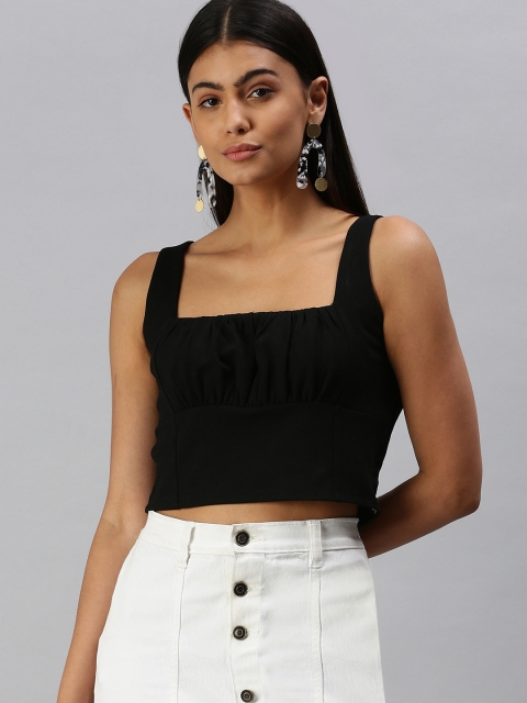 

STALK Black Solid Crepe Ruched Crop Top