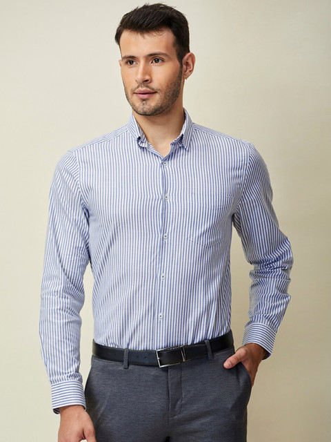 

J Hampstead Men Navy Blue Classic Slim Fit Striped Formal Shirt