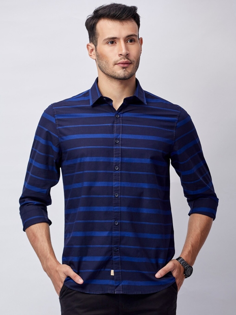 

J Hampstead Men Navy Blue Classic Slim Fit Horizontal Stripes Striped Casual Shirt