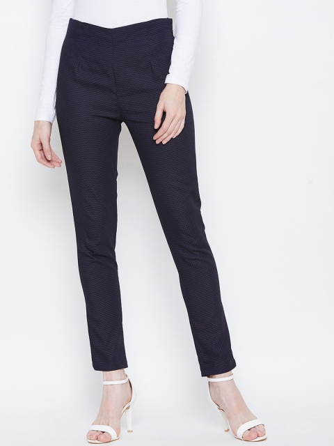 

Ruhaans Women Navy Blue Printed Smart Slim Fit Trousers