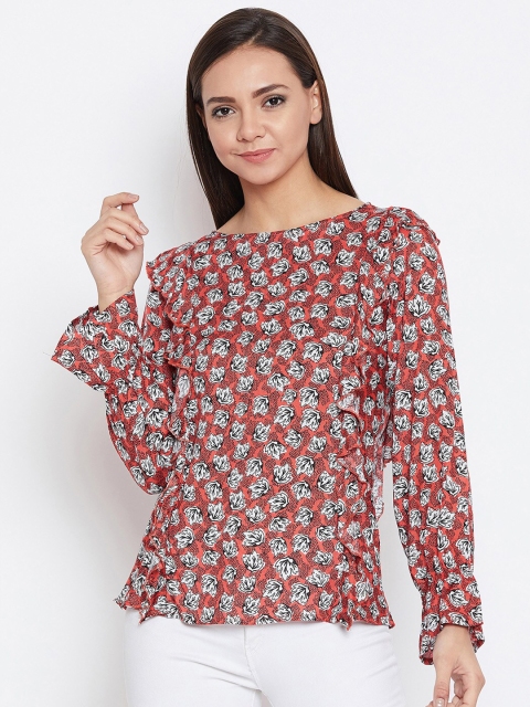 

Ruhaans Women Peach-Coloured & White Floral Print Top