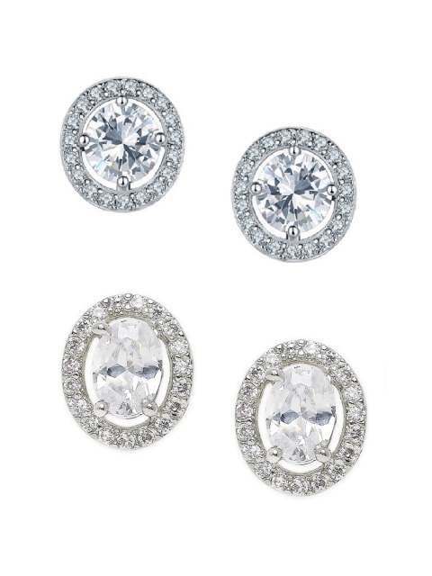 

OOMPH Set Of 2 Silver-Toned & White Geometric Studs Earrings