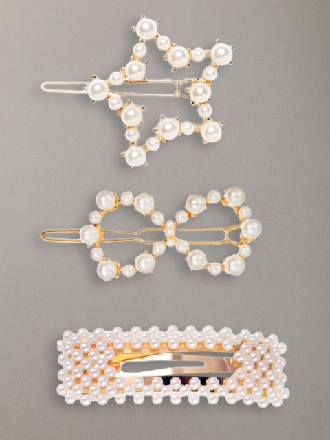 

OOMPH Women Gold-Toned & White Set of 3 Embellished Tic Tac Hair Clip
