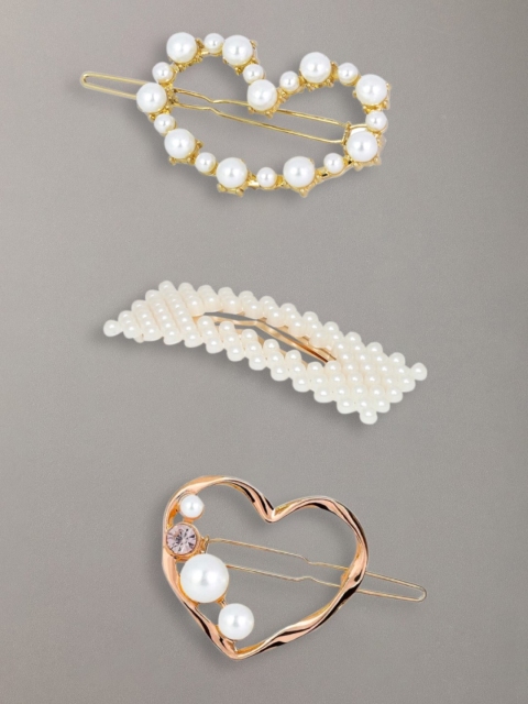 

OOMPH Women Gold-Toned & White Set of 3 Embellished Tic Tac Hair Clips