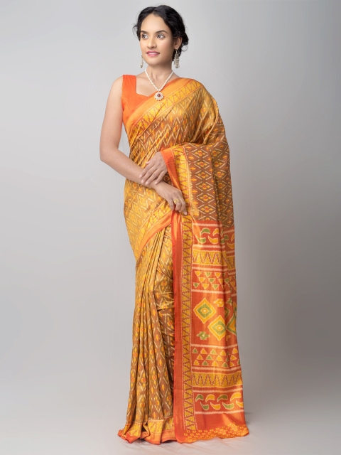 

Unnati Silks Mustard & Orange Ethnic Motifs Silk Blend Patola Saree