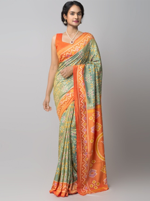 

Unnati Silks Green & Orange Ethnic Motifs Silk Blend Patola Saree