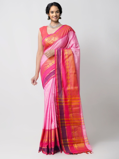 

Unnati Silks Pink & Red Woven Design Zari Pure Cotton Narayan Peth Saree