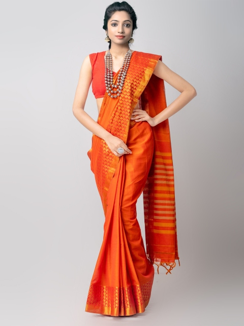 

Unnati Silks Orange & Gold-Toned Woven Design Cotton Handloom Narayan Peth Saree