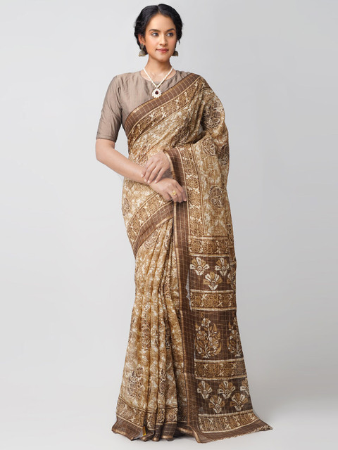 

Unnati Silks Brown & White Ethnic Motifs Silk Cotton Chanderi Saree