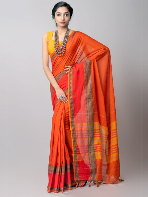 

Unnati Silks Orange & Yellow Woven Design Cotton Handloom Sustainable Kanjeevaram Saree
